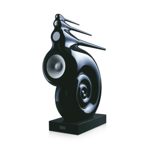 Black and midnight blue nautilus-style high-end loudspeaker in a modern interior