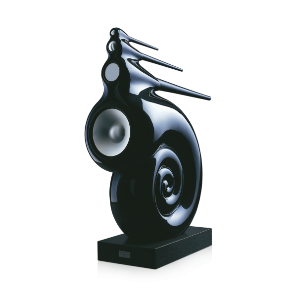 Black and midnight blue nautilus-style high-end loudspeaker in a modern interior