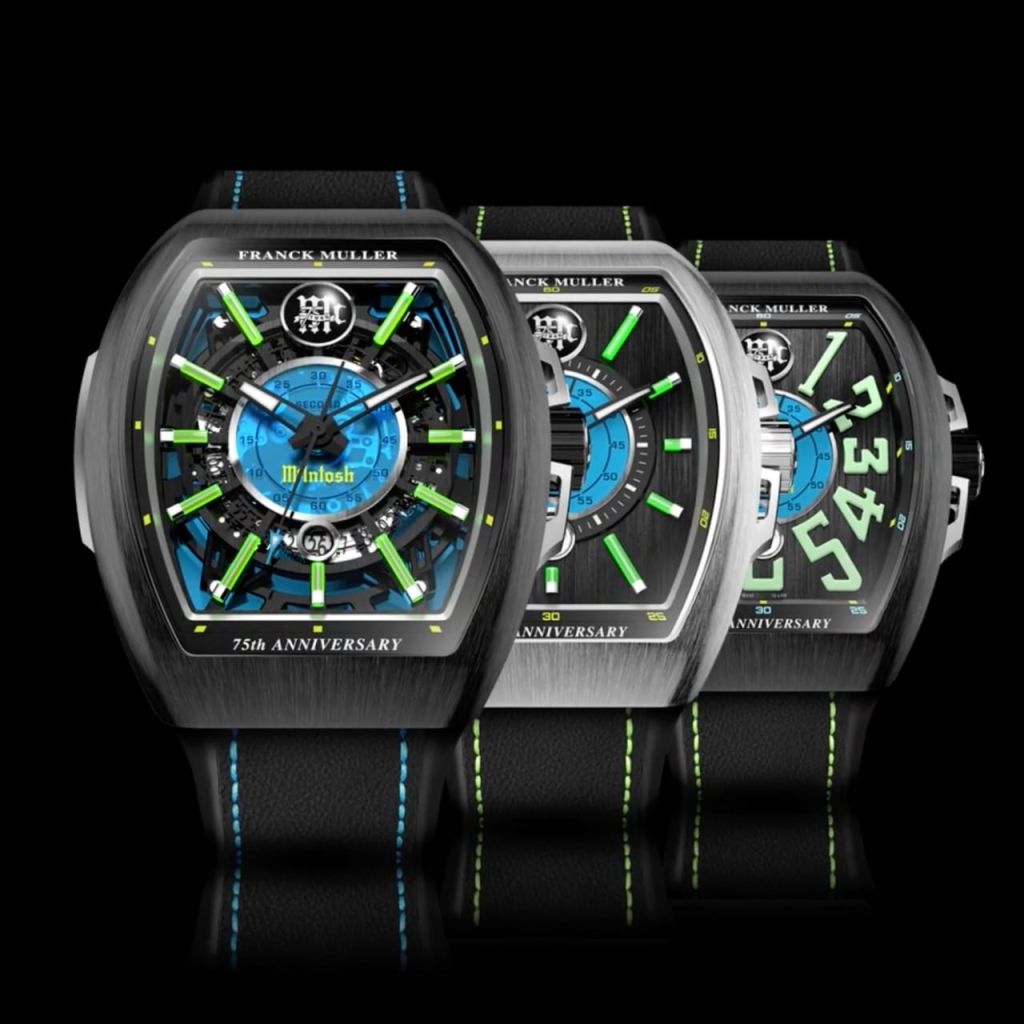 The three McIntosh × Franck Muller 75th Anniversary Vanguard watches — Skeleton, Classical Steel and Classical Steel Black — lined up on a black background