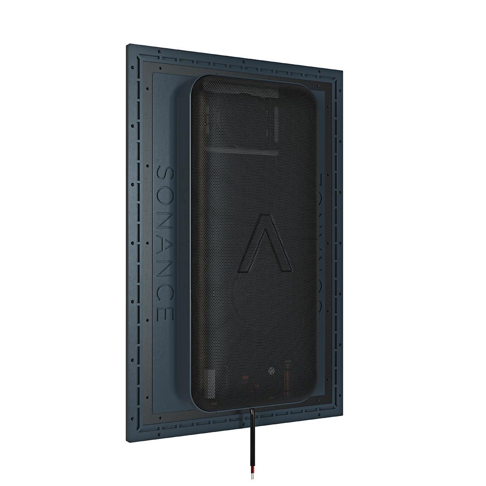 Sonance Invisible Series IS8 — a plaster-over invisible speaker, shown before installation. The flat panel mounts inside the wall or ceiling cavity and is skimmed over with a lightweight flexible compound; once painted, the wall surface reads as uninterrupted.