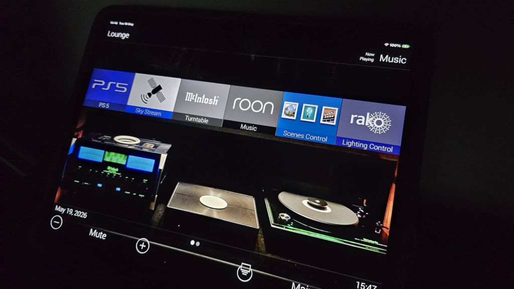 URC Total Control tablet interface unifying Roon music, PS5, Sky Stream, McIntosh turntable and Rako lighting in a Bath listening room — Hidden Home Technology install