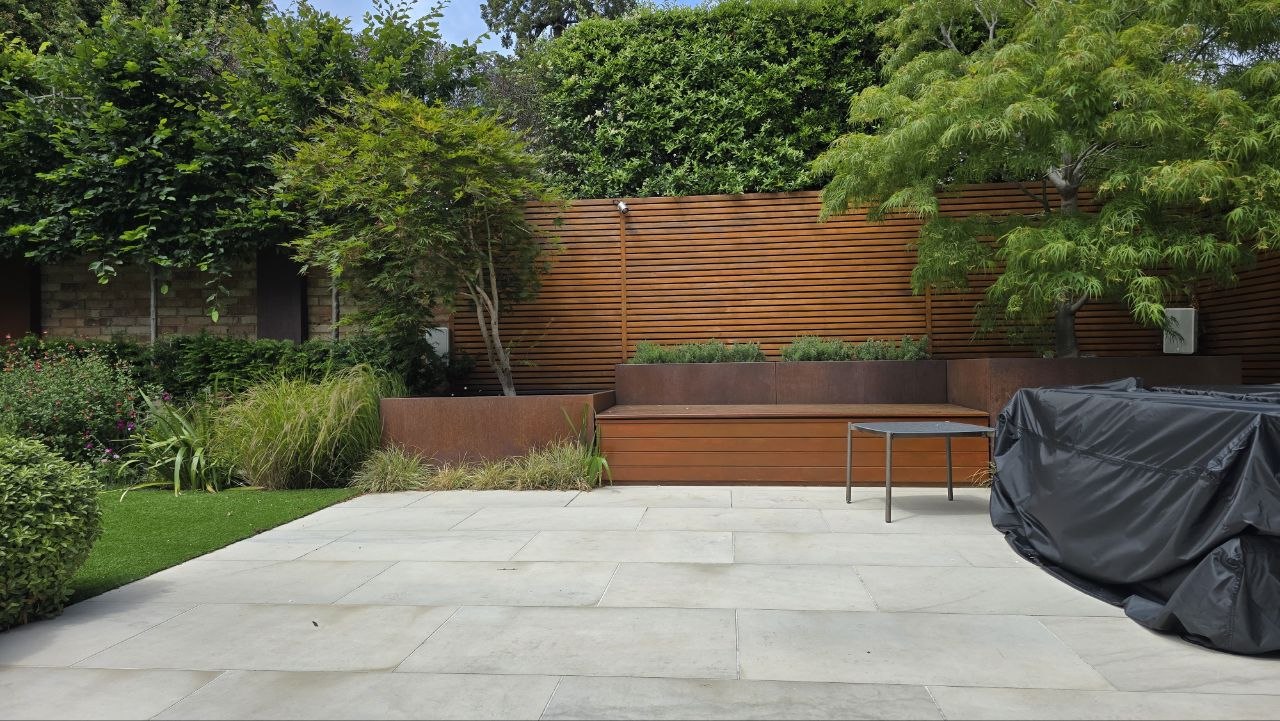 Landscaped garden with Monitor Audio Climate all-weather speakers, Englefield Green