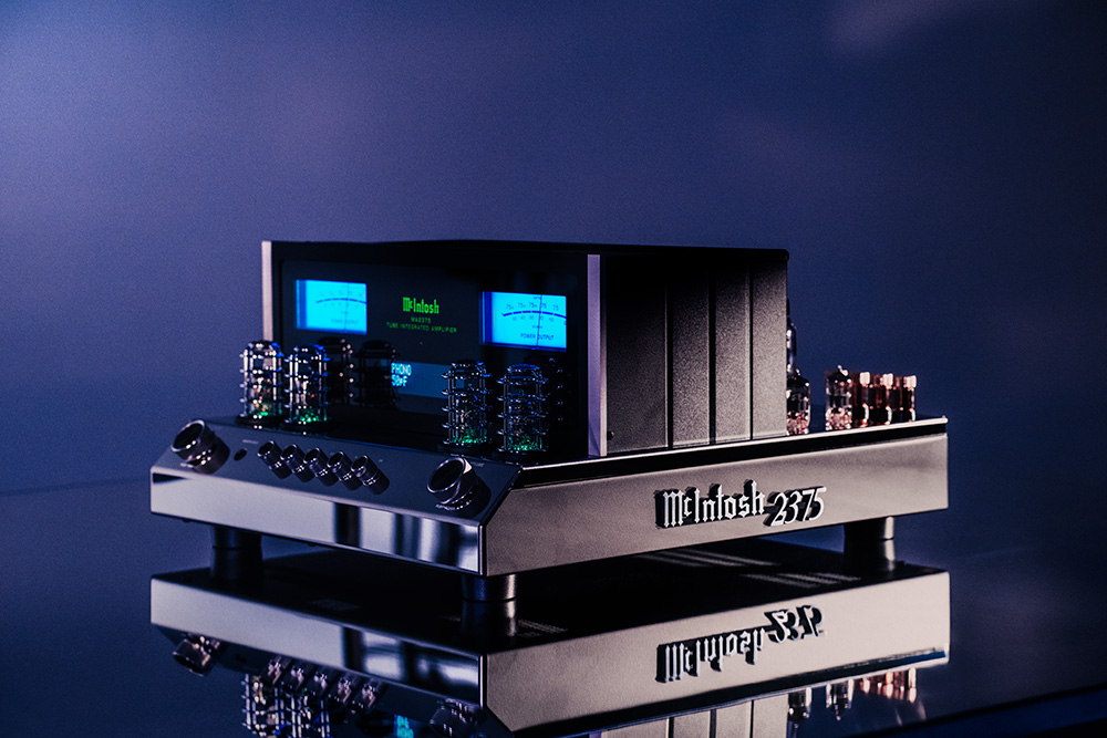 McIntosh MA2375 vacuum-tube integrated amplifier with glowing valves and signature blue VU meters