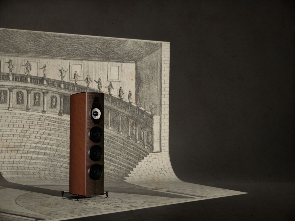 Sonus Faber Olympica G3 floorstanding loudspeaker in walnut, set against an engraving of Palladio's Teatro Olimpico