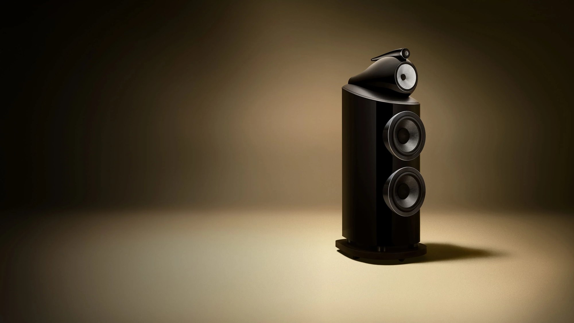 Bowers & Wilkins 801 D5 in a black finish under a spotlight