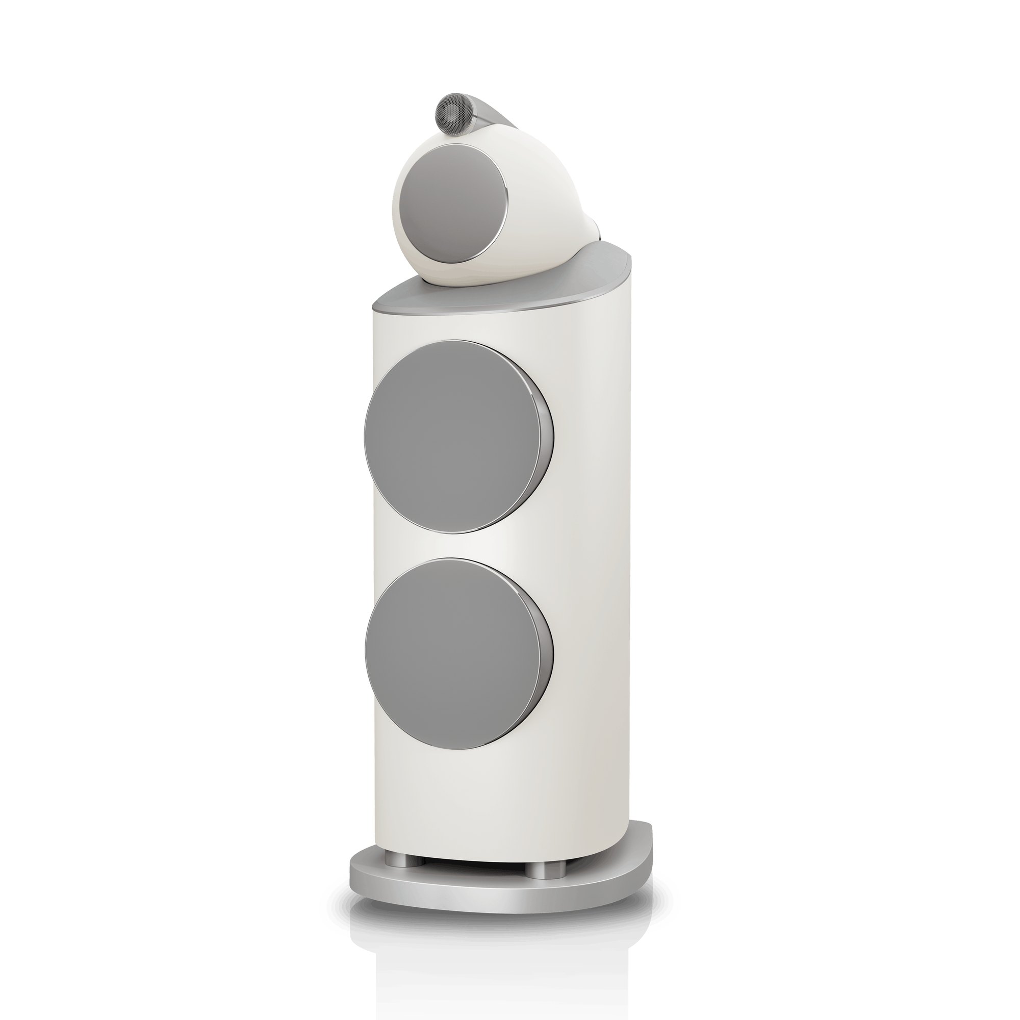 Bowers & Wilkins 801 D5 in Warm White with its grey grilles fitted