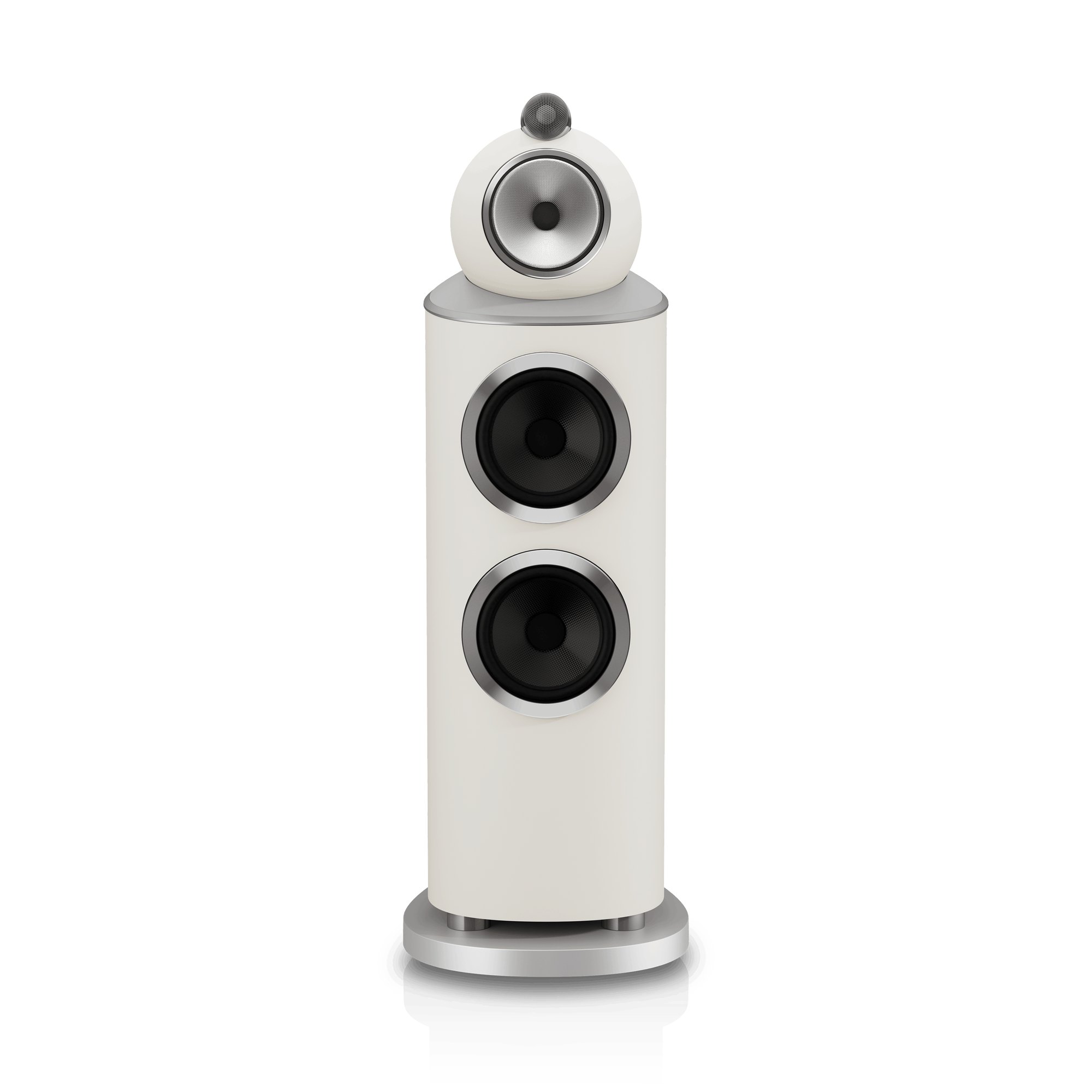 Bowers & Wilkins 802 D5 front view showing the Diamond dome tweeter, Turbine Head midrange and two bass units
