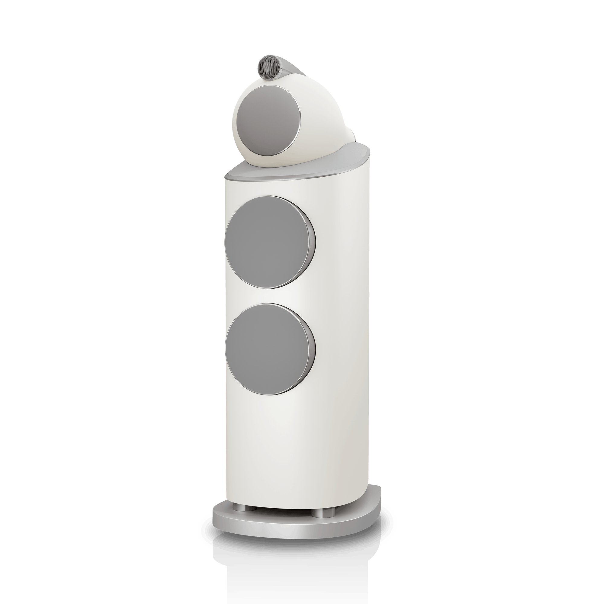 Bowers & Wilkins 802 D5 in Warm White with its grey grilles fitted