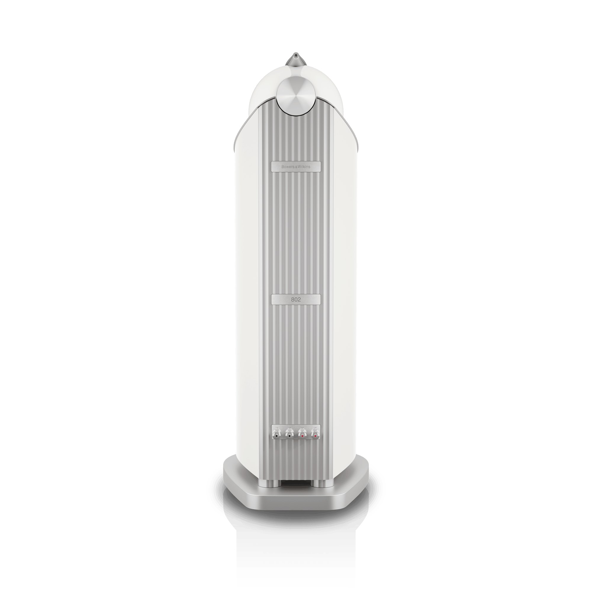 Rear view of the Bowers & Wilkins 802 D5 showing the aluminium spine and plinth