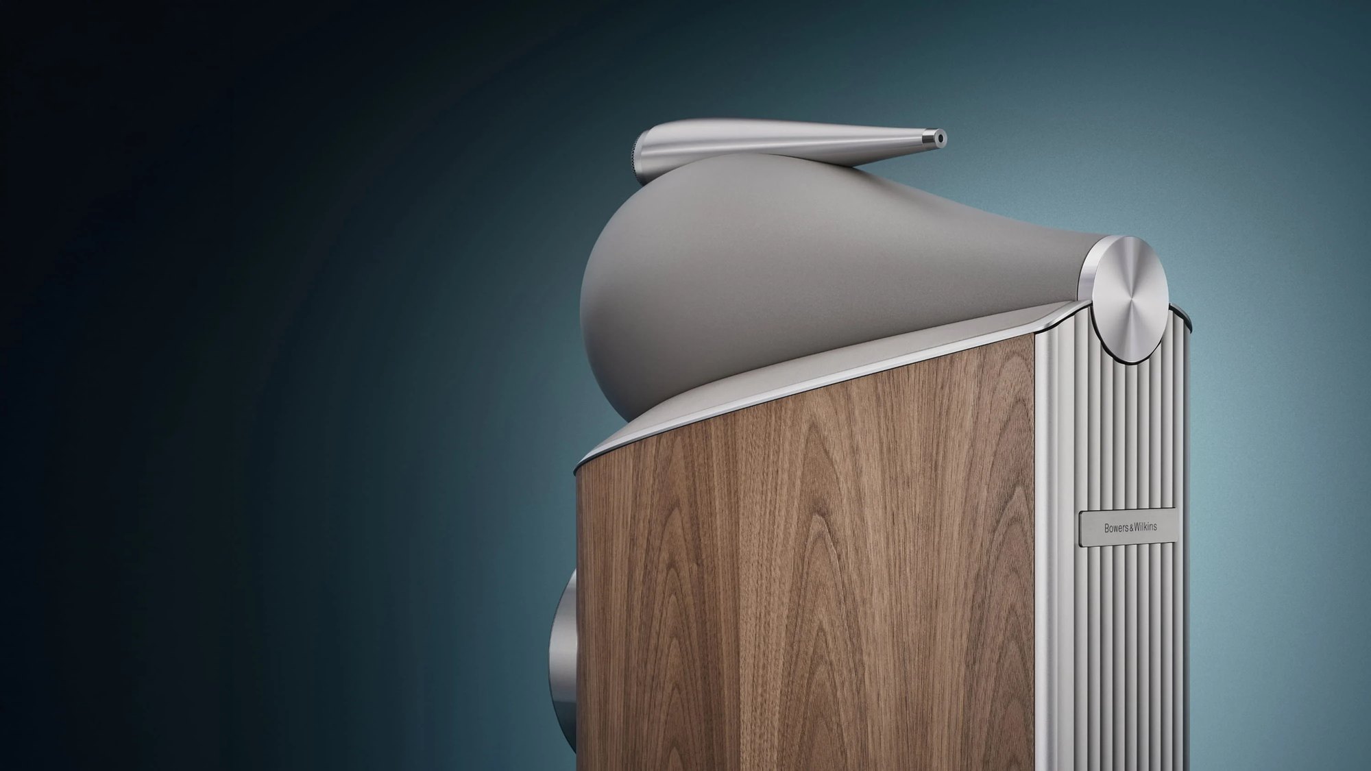 Close view of the Bowers & Wilkins 802 D5 Turbine Head and Tweeter-on-Top on a walnut cabinet