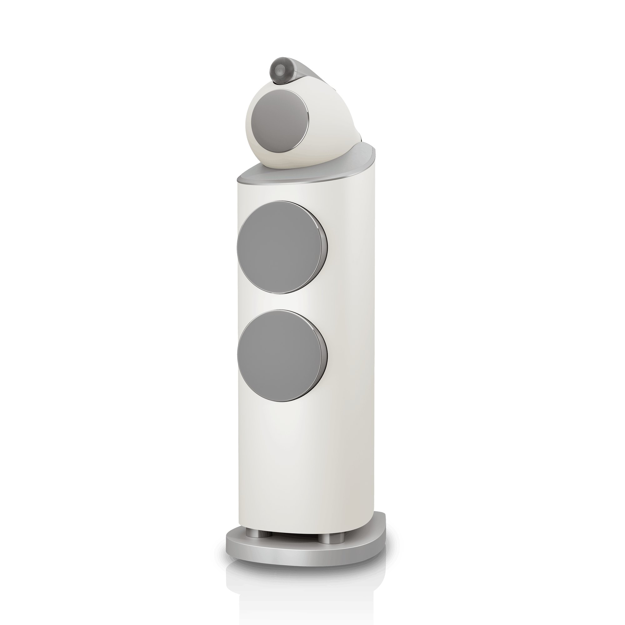 Bowers & Wilkins 803 D5 in Warm White with its grey grilles fitted