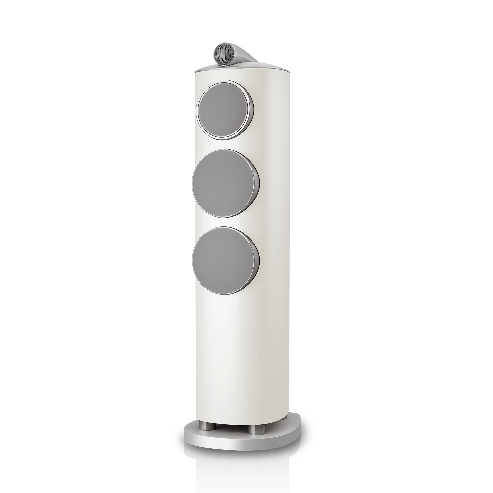 Bowers & Wilkins 804 D5 in Warm White with its grey grilles fitted