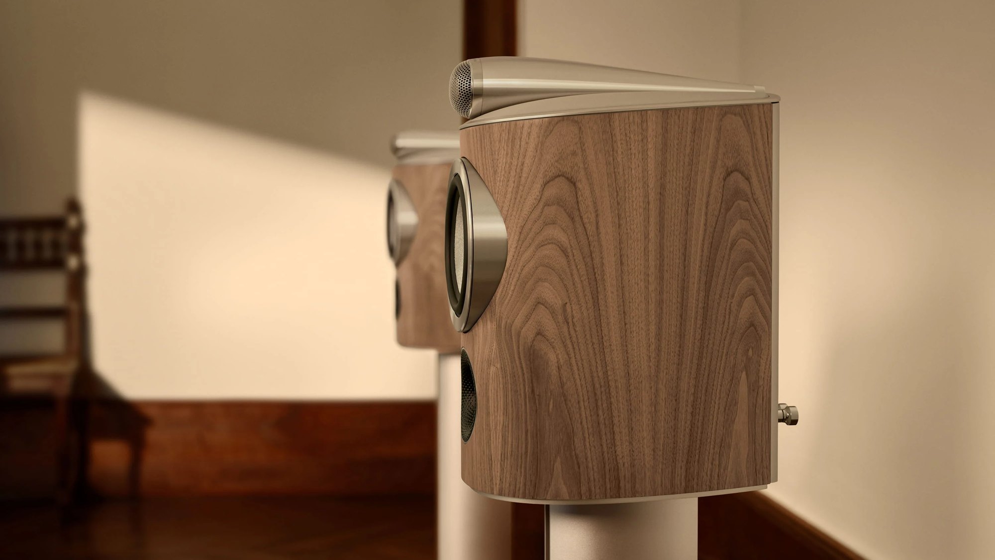 Bowers & Wilkins 805 D5 in a light walnut finish, side view in a room