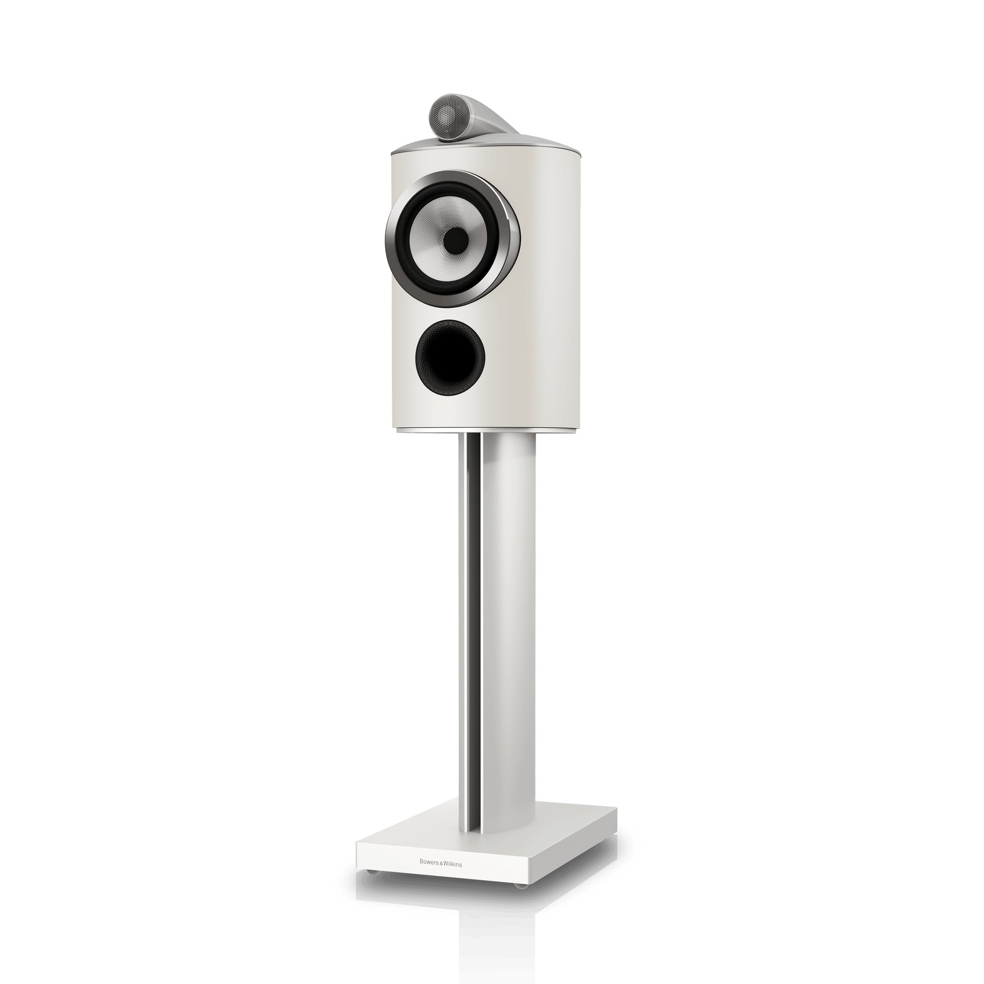 Bowers & Wilkins 805 D5 stand-mount speaker in Warm White on its FS-805 D5 stand, angled view