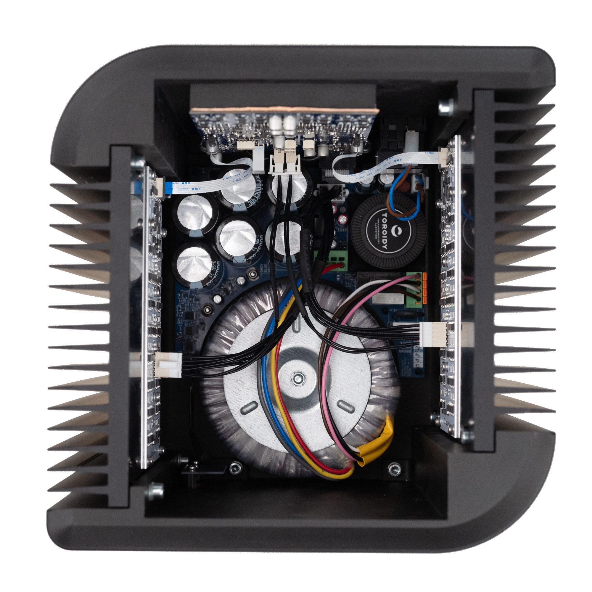 Grimm Audio PA1 monoblock power amplifier, inside view from above showing the toroidal transformer and capacitors