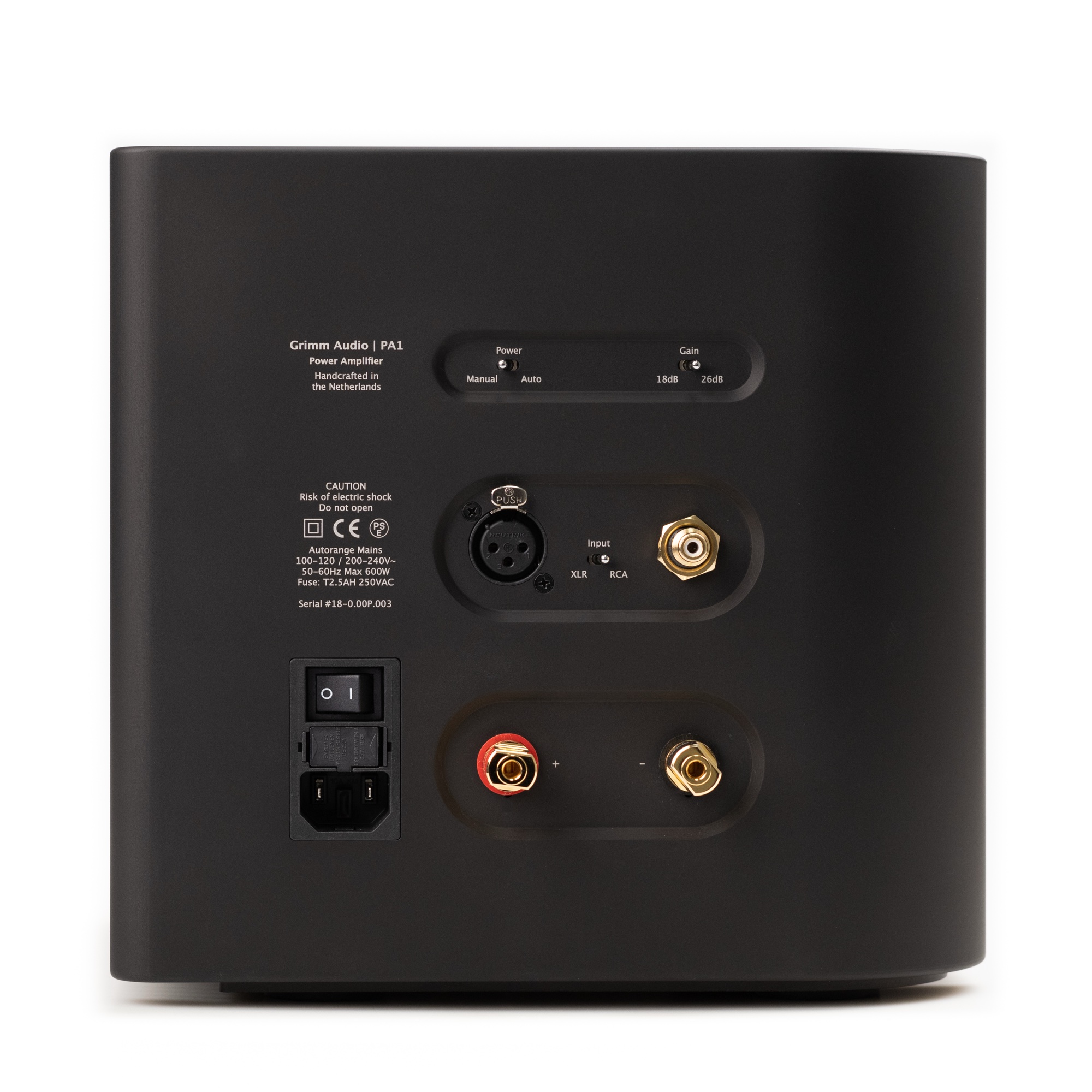 Grimm Audio PA1 monoblock power amplifier, rear panel with XLR and RCA inputs, gain and power switches and speaker terminals