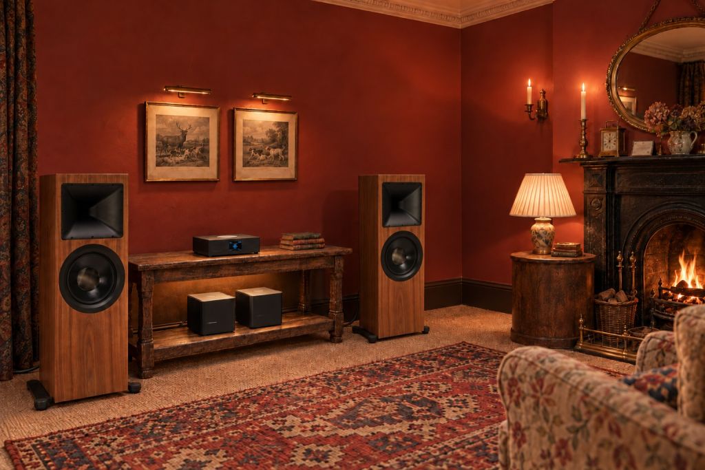 Illustration of two Ø Audio Icon 12 loudspeakers either side of an old oak bench carrying a Grimm MU2 streamer, with two Grimm PA1 amplifiers on its lower shelf, in a red-walled Victorian sitting room lit by lamps and a coal fire, with a pair of sporting prints, paisley curtains and a kilim on sisal.