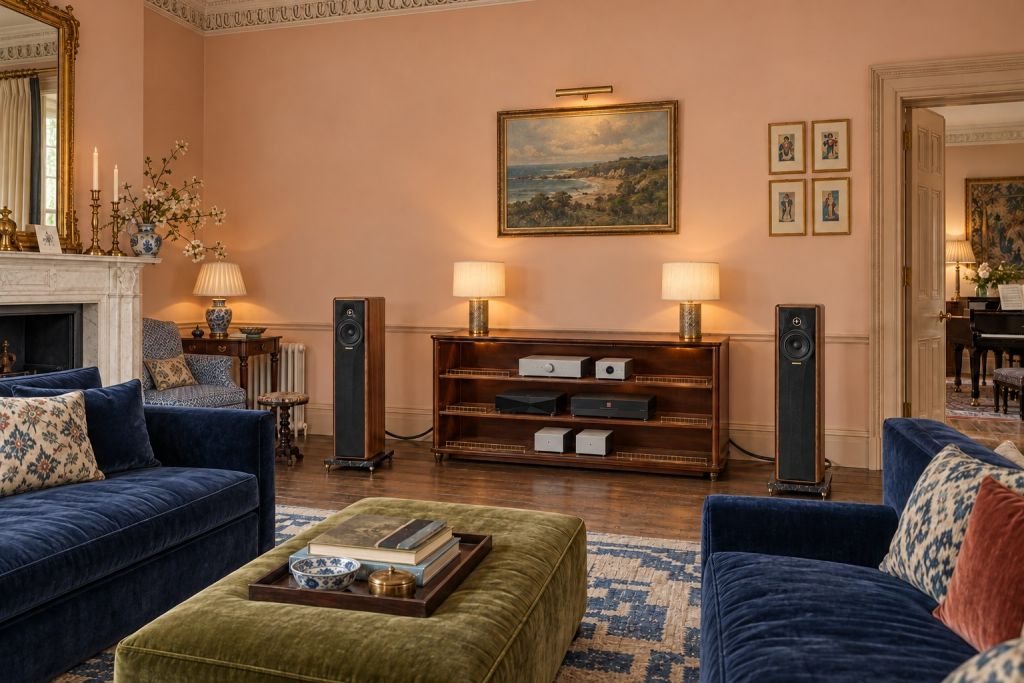 Illustration of two Sonus faber Maxima Amator loudspeakers either side of a mahogany side cabinet with open brass-galleried shelves carrying Mola Mola, Innuos and Gryphon electronics, in a pale apricot first-floor drawing room with navy velvet sofas, an olive ottoman, a marble chimneypiece and a landscape oil.