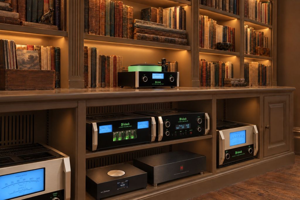 Illustration of McIntosh valve amplifiers, a C12000 preamplifier and an MT10 turntable, with a Grimm MU2 and Gryphon PowerZone 3, in the open bays and on the counter of painted library bookcases with fluted pilasters, among leather-bound books, lit in the evening.