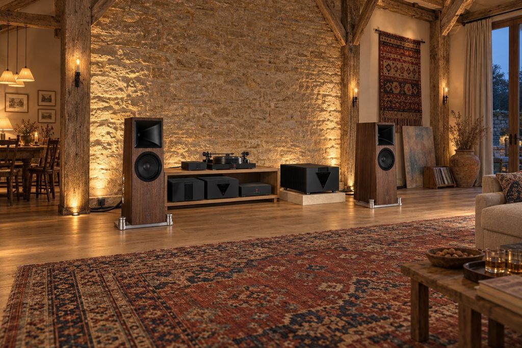 Illustration of two Ø Audio Ymir loudspeakers with a Gryphon Apex amplifier on a limestone plinth and a long oak stand carrying the Gryphon Commander, PowerZone 3 and Apollo turntable, against the lit stone gable of a converted oak-framed barn at dusk.