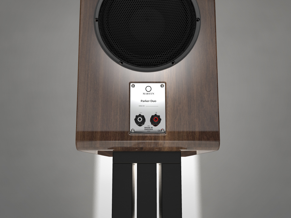 Back of a Marten Parker Duo showing the passive radiator and speaker terminals