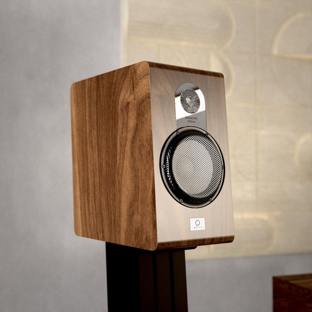 Marten Parker Duo Diamond Edition in walnut on its stand, seen from below