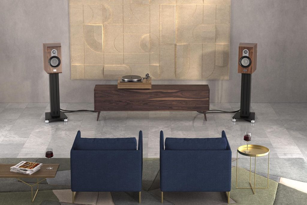 A pair of Marten Parker Duo speakers on stands in a living room