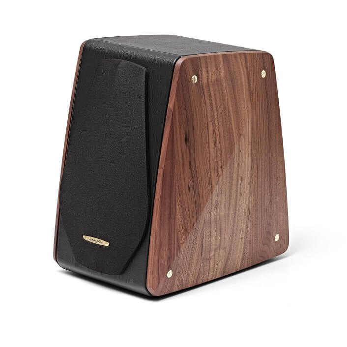 Sonus Faber Concertino with its grille fitted, walnut side panel and brass details