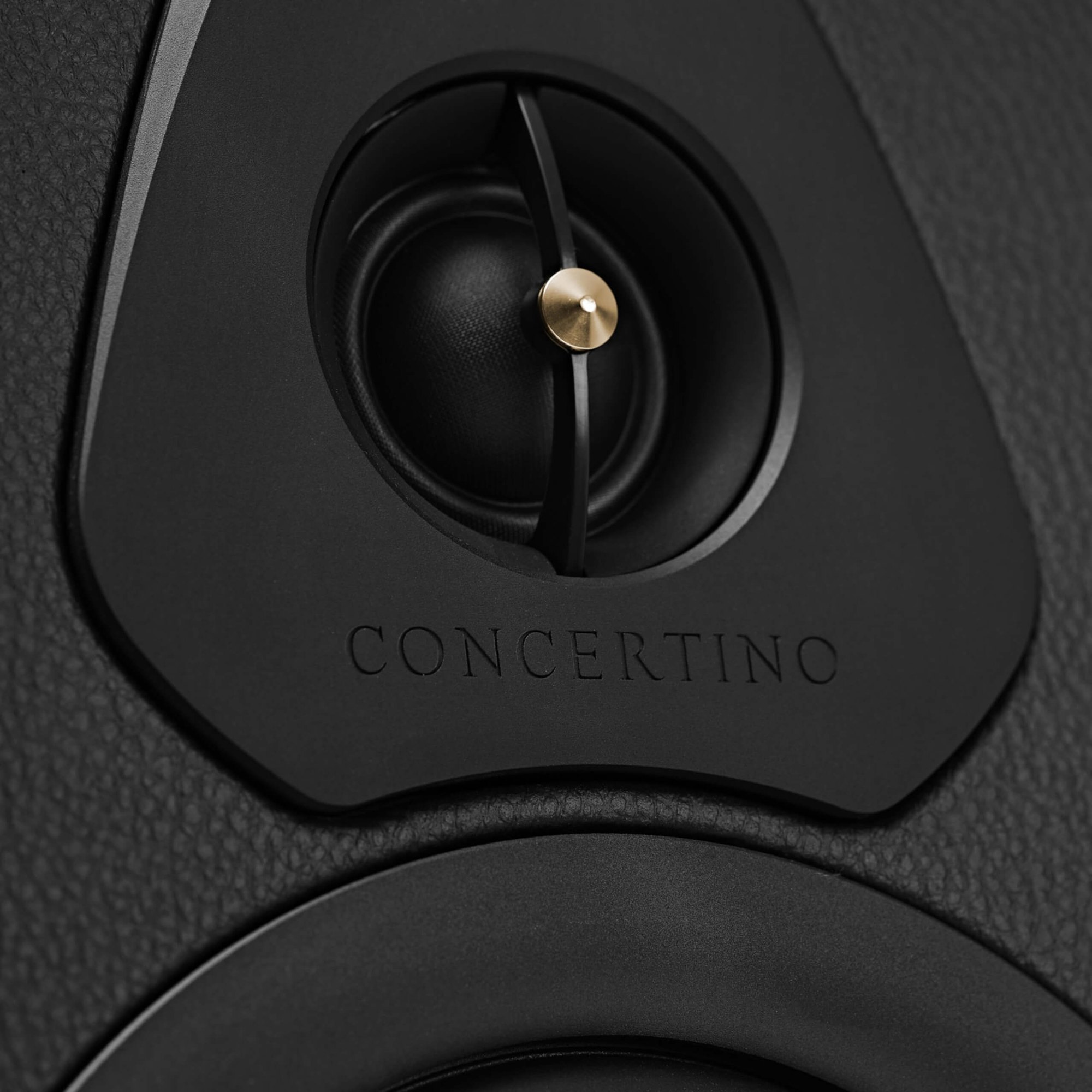 Close-up of the Sonus Faber Concertino tweeter and leather-covered baffle