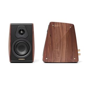 Sonus Faber Concertino bookshelf speaker in solid walnut, front and side view