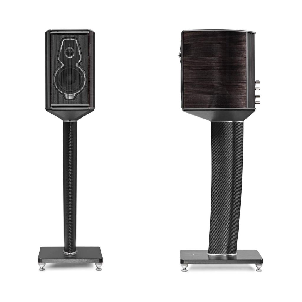 Sonus Faber Guarneri G5 speakers on stands, shown from the front and side