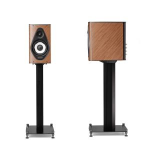 Sonus Faber Olympica I bookshelf speakers in walnut on Olympica stands, front and side view