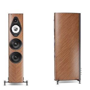 Sonus Faber Olympica III floorstanding loudspeaker in walnut, front and side view