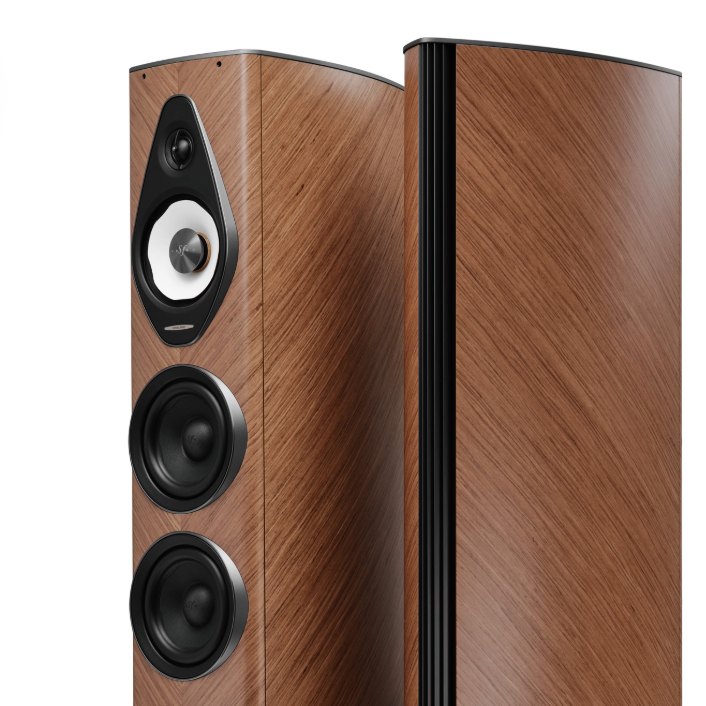 Sonus Faber Olympica III in walnut, close view of the tweeter, midrange and woofers