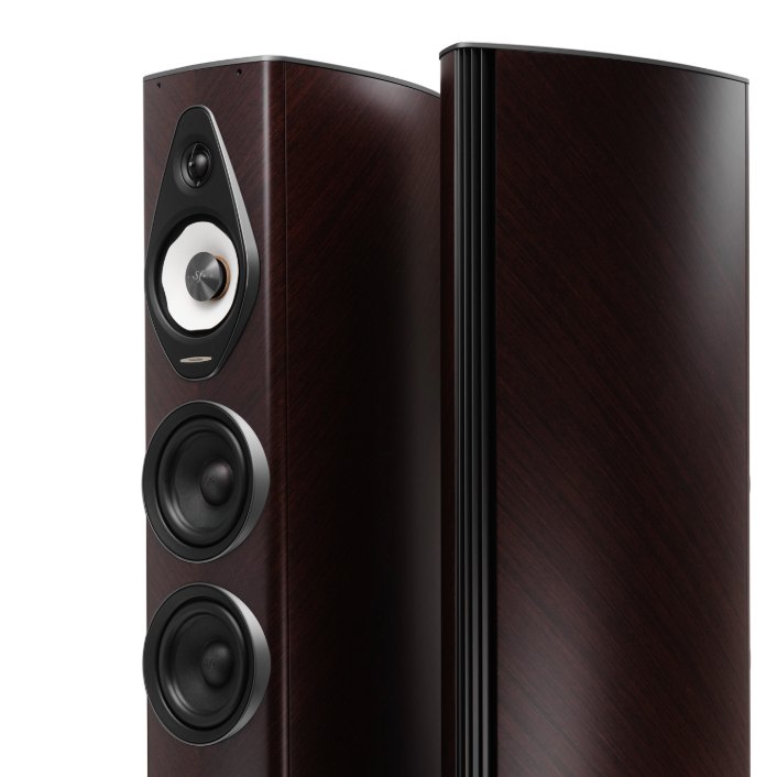 Sonus Faber Olympica III in wenge, close view of the drivers and cabinet