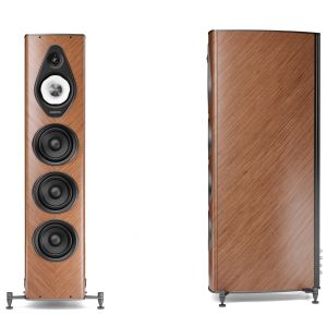 Sonus Faber Olympica V floorstanding loudspeaker in walnut, front and side view