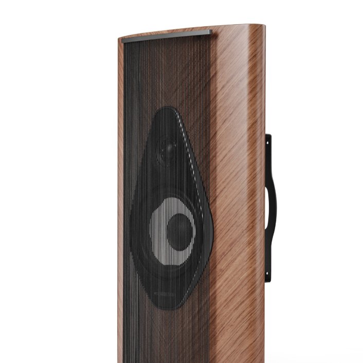 Sonus Faber Olympica Wall in walnut with its grille fitted, angled view