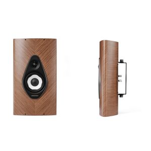 Sonus Faber Olympica Wall on-wall speaker in walnut, front and side view with its bracket