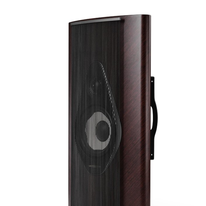 Sonus Faber Olympica Wall in wenge with its grille fitted, angled view