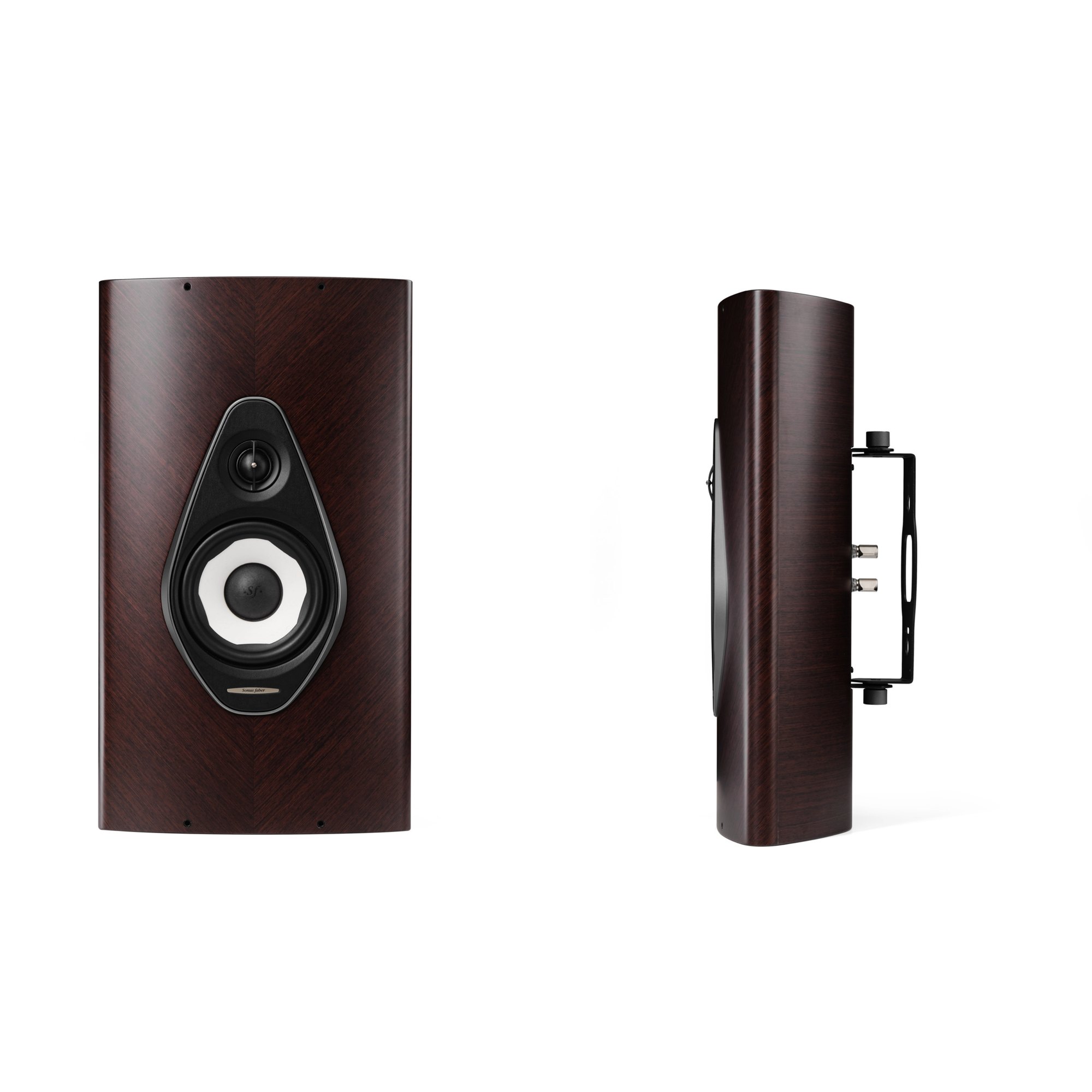 Sonus Faber Olympica Wall on-wall speaker in wenge, front and side view with its bracket
